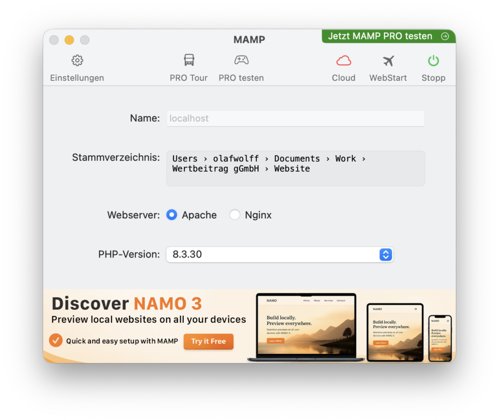 Aktuelle Mac-Betriebssysteme unterstützen out-of-the-Box kein PHP. Um die Webseite lokal testen zu können, verwende ich MAMP