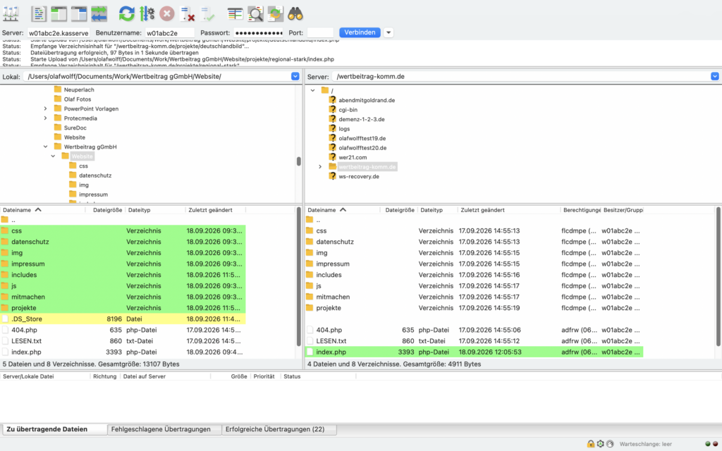 Benutzeroberfläche des FTP-Programms FileZilla. Damit werden Dateien vom lokalen Computer auf den Webserver übertragen.
