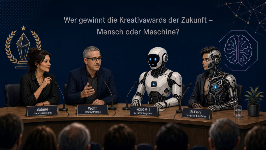 Diskussionspanel mit Menschen und Robotern.